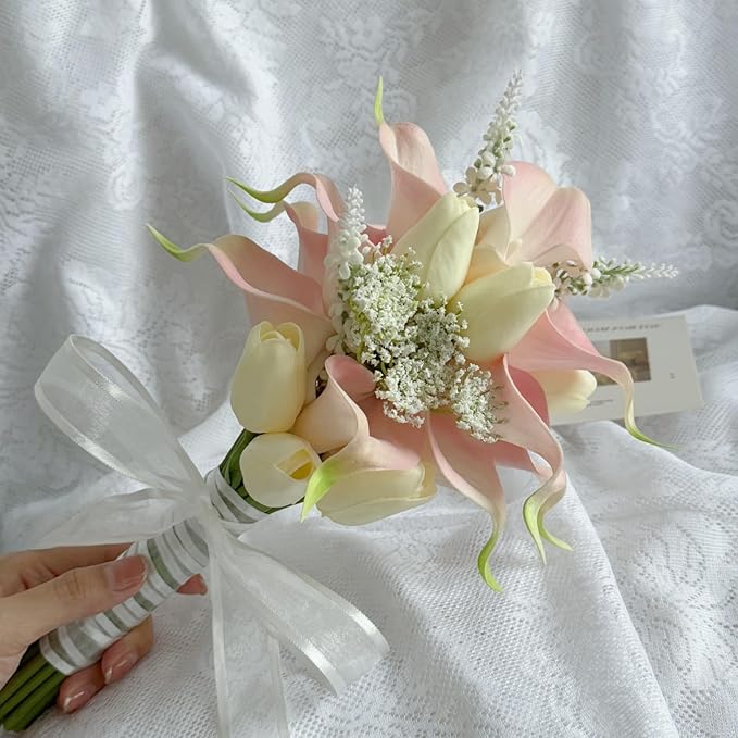 Floral Bouquet 12 Artificial Calla Lilies with 8 Artificial Tulip Flowers, Bridesmaid Bouquet with Wedding Ceremony Festivals Anniversary Bridal Rehearsal Party Bar Table Decor(Cream and Pink)