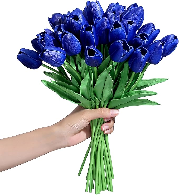 SITUMEIZI 15pcs Tulips Fake Blue Artificial Flowers Real Touch 14" Silk Flower for Home Decor Spring Easter Wedding Bouquet Decorations Floral Arrangements(Deep Blue)