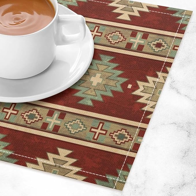 Retro Aztec Placemats Set of 4 Western Native American Tribal Art Printed Dining Table Mats for Restaurant Home Kitchen Holiday Decor 12x18in
