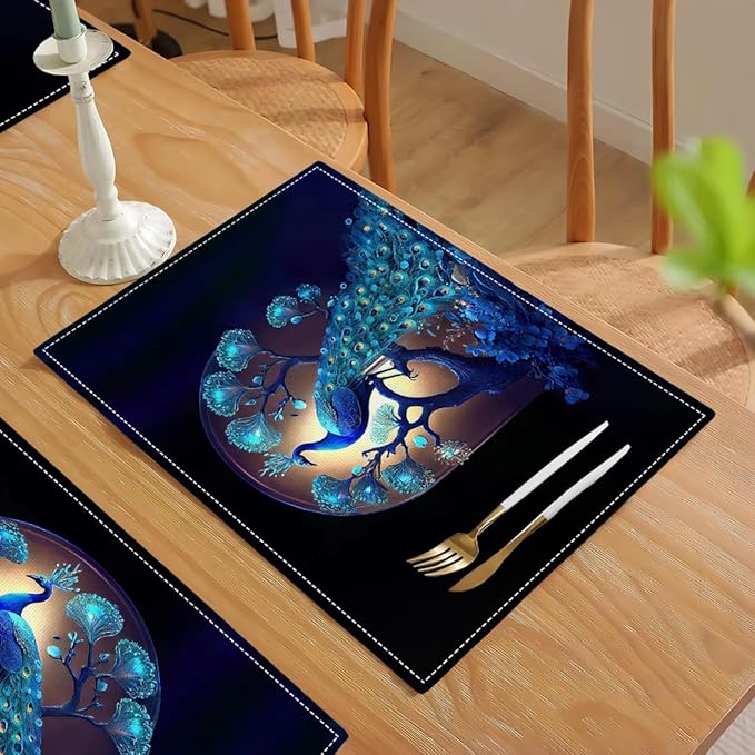 Blue Peacock Placemats Set of 6, Peacock Tree Place Mats Washable Double-Sided Table Mats for Kitchen Dining Room Home Party Indoor Decor 6 PCS 12x18 Inch