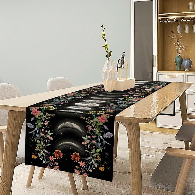 Boho Floral Table Runner, Spring Gothic Moon Phase Wildflower Mystical Witchy Farmhouse Coffee Table Center Decor for Home Kitchen Dining Patio Holiday Party Table Decorations 13x36 inches