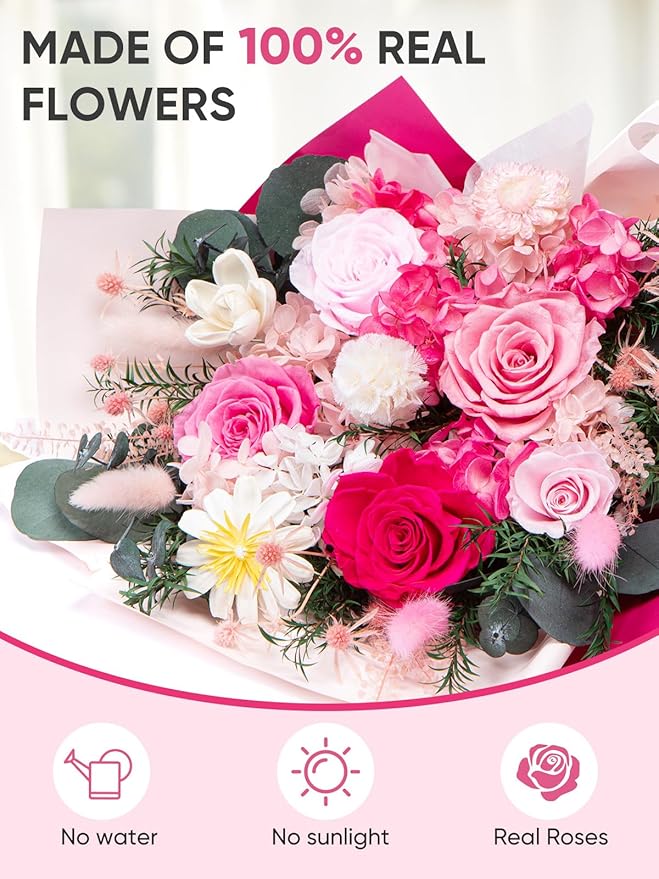 Flowers for Delivery Preserved Flower Fresh Bouquet Forever Flowers Birthday Gifts for Women Mom Anniversary Pink Real Rose Gifts for Grandma Sister Wife Her from Daughter Home Wedding Decor