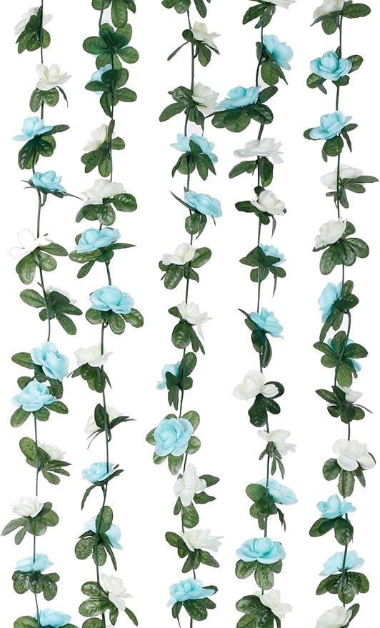 Miracliy 5Pcs 41FT Blue and White Flower Garland Artificial Rose Arch Vines Fake Spring Floral Garland for Flower Wall Backdrop Wedding Mothers Day Garden Tea Party Decoration