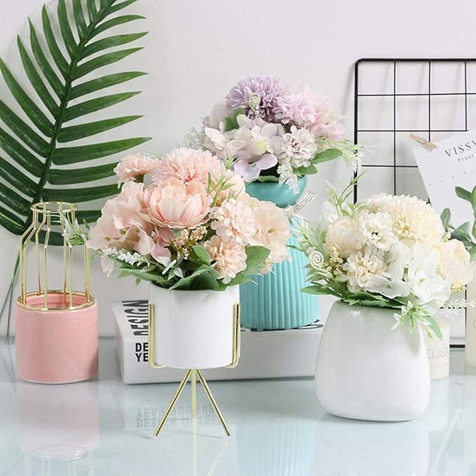 DDcafor Artificial Flowers, 4 Packs Pink Fake Peony Silk Hydrangea Bouquet Decor Plastic Carnations Daisy Realistic Flower Home Office Party Decor Arrangements Wedding Decoration Table Centerpieces