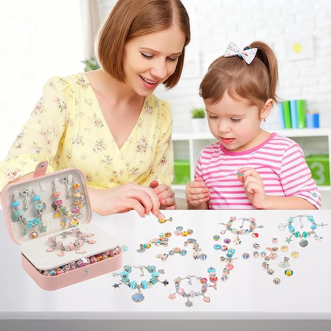 YJK Charm Bracelet Making Kit, 5-12 Year Old Girl Birthday Gifts, 133 Pcs DIY Beaded Jewelry Making Kit with Jewelry Box, Creative Crafts for Girls, Charm Necklace Making kit for Girls (Blue & Pink)