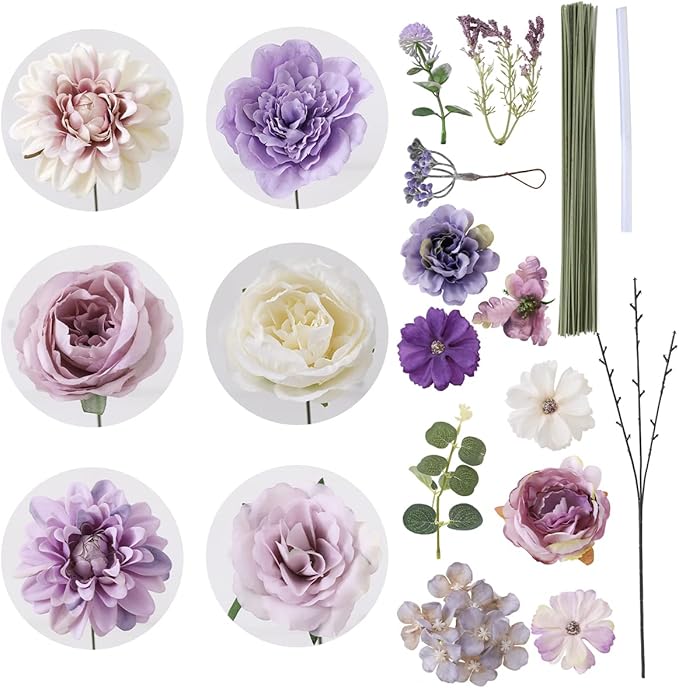 Artificial Flowers Combo Box Set Purple Fake Silk Flower for DIY Wedding Bouquet Arrangements Bridal Shower Party Home Decorations(White Purple Peony)