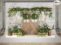 Kate Rustic White Painted Brick Wall Wood Door Photography Backdrops 20x10ft Spring Green Grass and Flowers Photo Backgrounds Baby Shower Backdrop Photoshoot Props