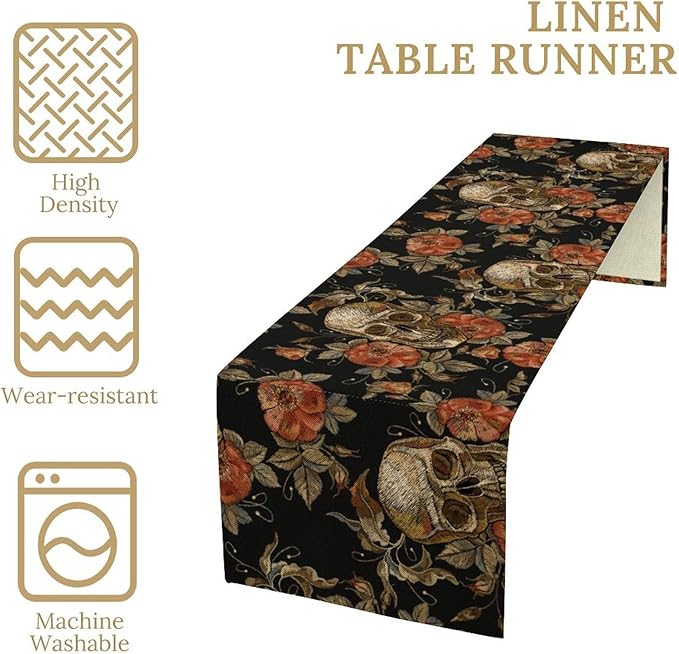Gothic Table Runner,Vintage Skull Red Floral Pattern Table Runner for Home Kitchen Table Dining Garden Farmhouse Wedding Party Decor 13x90 Inch
