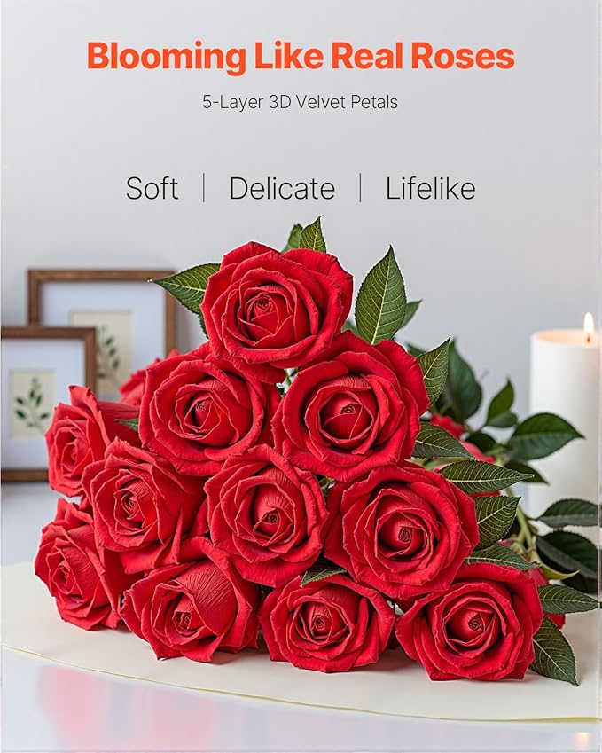 VEVOR Artificial Flowers, 500 pcs Real Looking Red Foam Fake Roses Bulk, Faux Red Bridal Shower with Stems for DIY Wedding Bouquets, Home Centerpieces Arrangements, Party Tables Decorations