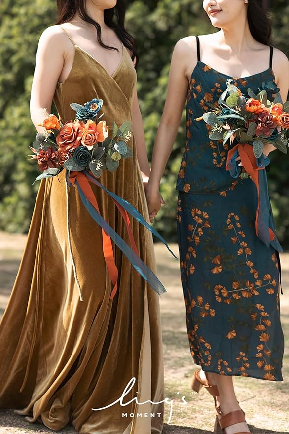 Ling's moment Artificial Flowers Teal and Orange Bridesmaid Bouquet Set of 4, Wedding Flowers Bouquets for Bridesmaids, 7 Inch Bridal Bouquets for Bridesmaids, Wedding Decor, Ceremony, etc