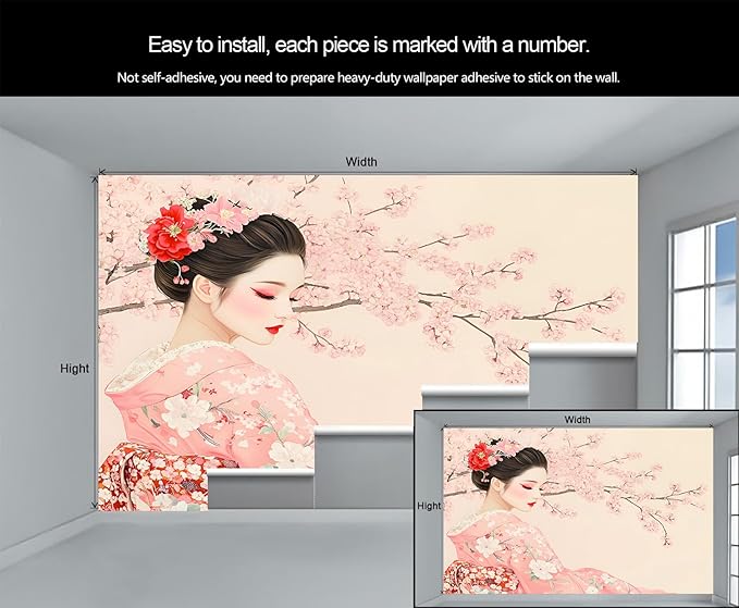 Japanese Cherry Blossom Wall Mural, Kimono Woman Geisha 3D Wall Murals, Oriental Beauty Wallpaper Mural, for Living Room Bedroom Large Wallpaper Indoor Decor 118" W x 82.6 "H