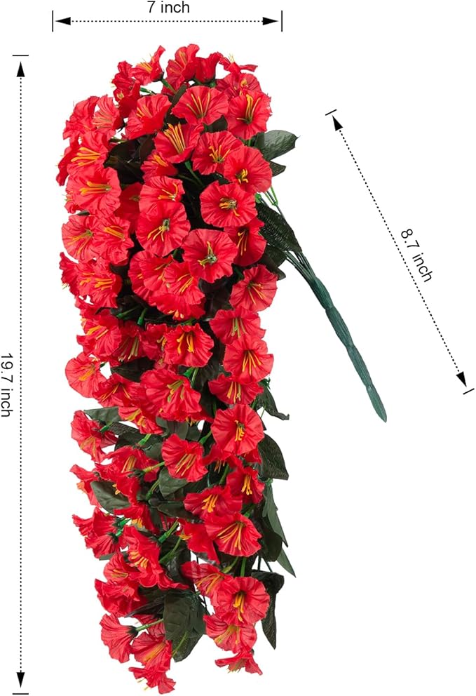 Artificial Faux Hanging Flowers Plants for Winter Christmas Outdoor Outside Decor, 2 PCS Fake Silk Red Morning Glory Long Vines UV Resistant Realistic for Home Porch Patio Balcony Planter Decoration