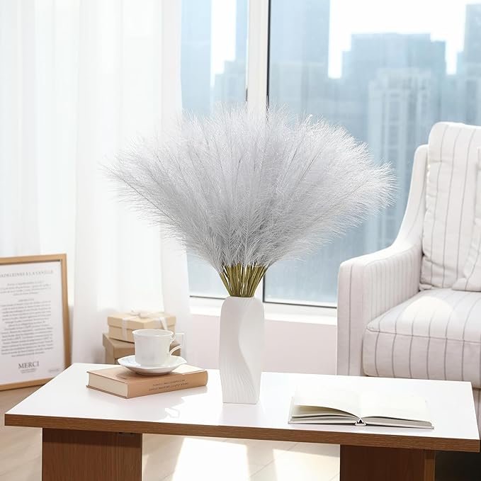 Faux Silver Pampas Grass - 60pcs 24 Inch Short Artificial Pampas Grass Decor, Fake Pompas Floral for Vase Filler, Wedding Flower Arrangement, Party and Home Decor (Silver, 60 Pieces)