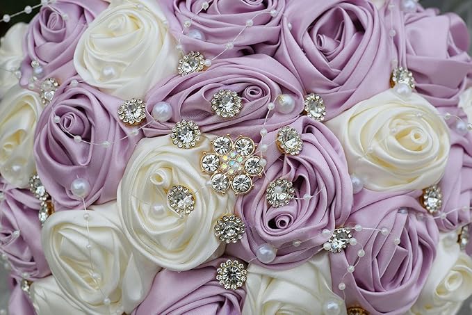 Bridal Wedding Bouquet Round Bling Brooch Bouquet Throw Toss Artificial Rose Flower Bunch for Bride Bridesmaid Wedding Quinceanera(Light Taro Purple & Ivory, 9.8")