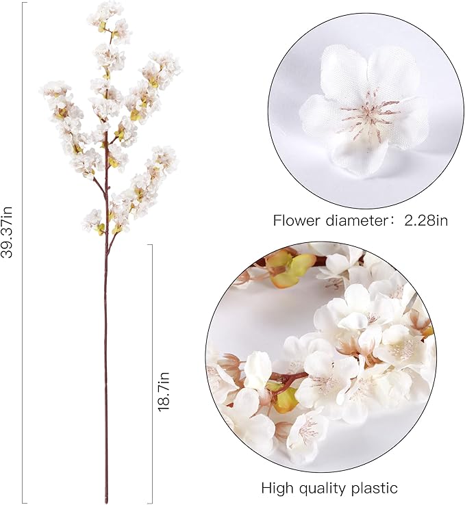 Sggvecsy Artificial Cherry Blossom Branches Faux Cherry Flowers 39 Inch Peach Branches Silk Tall Stems for Home Wedding Table Vase Decor (4 Pcs, Ivory)