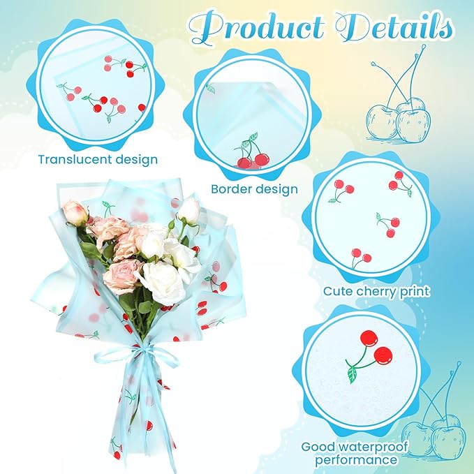 Liobelon 20 Sheets Flower Wrapping Paper Waterproof Bouquet Paper with Cherry Pattern Blue Gift Wrapping Paper for Flower Shop, Wedding, Birthday Party, Handmade DIY, Anniversary 22.8 x 22.8 Inch