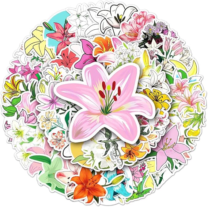Lily Vinyl Stickers for Teens Boy Girls Kids|50 Pcs|Trendy Cartoon Waterproof Stickers for Laptop Phone Tablet Luggage Flasks Water Bottle Notebook Bike Scrapbook,Aesthetic Flowers Decals Pack(Lily)