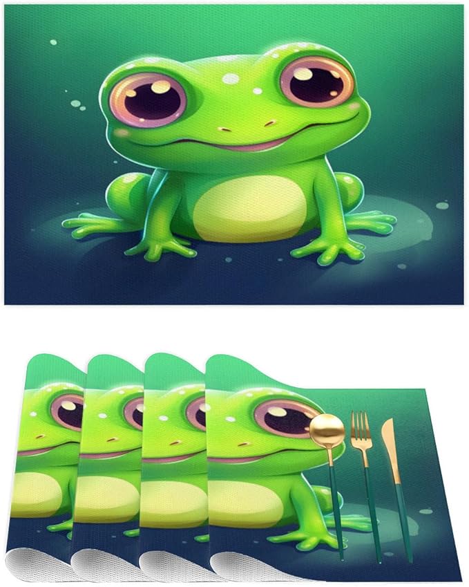 Frog Animal Green Placemats Set of 4 PVC Vinyl Non Slip Table Mats Waterproof Heat Resistant Place Mats Washable Wipeable Dining Table Mat for Kitchen Party Farmhouse Indoor Outdoor Decorative
