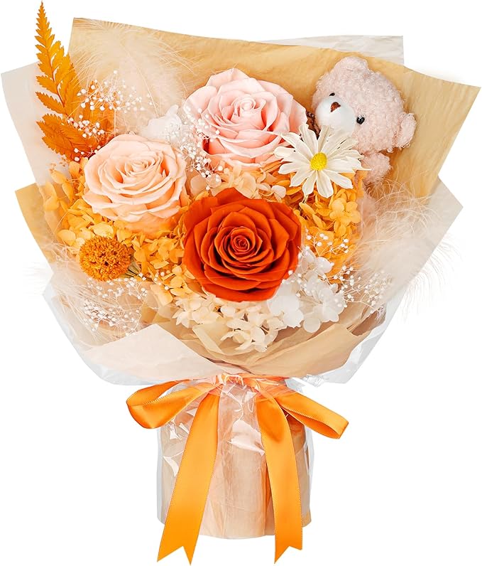 Preserved Flowers Bouquet with Bear, 3 Real Forever Flowers for Delivery, Long-Lasting Orange Eteranl Roses Bouquet Birthday Gifts for Women, Mother, Wife, Her
