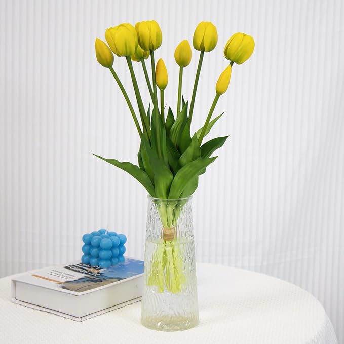 10 Pack Real Touch Tulips Artificial Flowers, 15.7 Inch Bendable Latex Tulips - No Maintenance Faux Flowers for Vase, Home Decor, Wedding Centerpiece (Yellow)
