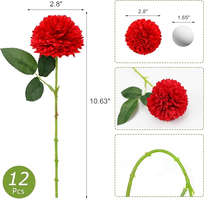 SITUMEIZI 12 Pcs Artificial Chrysanthemums Flowers Ball Flower Fake Mums Silk for Wedding Home Kitchen Decoration Floral Arrangement(Burgundy,Red,Orange)