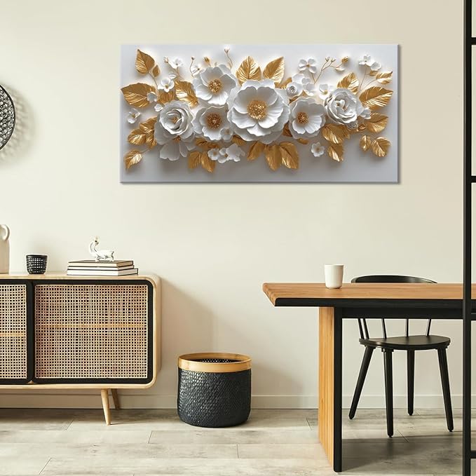IDAFU Flower Wall Art White Foral and Golden Leaves Wall-décor White Wall Art Floral Painting Pictures for Living Room Bathroom Bedroom Kitchen Office Cuadros Decorativos Para Sala Decor 30L x 16W
