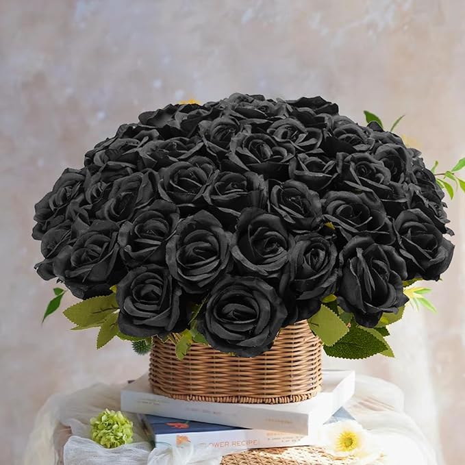 Black Roses Artificial Flowers Bulk, 52Pcs Fake Roses Flower Arrangement, DIY Silk Flowers Roses Bouquet, Realistic Faux Artificial Roses for Mother's Day Home Table Decor