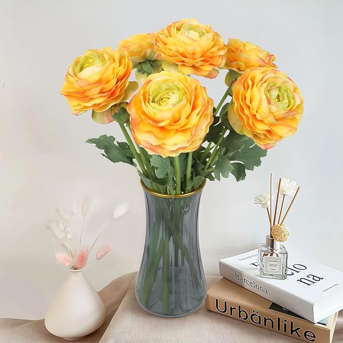 Real Touch Yellow Ranunculus Artificial Flowers 6PCS Artificial Peonies Faux Ranunculus with Stem for DIY Wedding Bouquet Party Table Home Decor(Yellow)