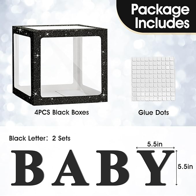 Ledido Baby Boxes with Letters for Baby Shower Decorations, 4 pcs Clear Baby Balloon Boxes for Baby Shower Decor with Letters for Boy Girl Gender Reveal Decorations Backdrop Party (Black Glitter)