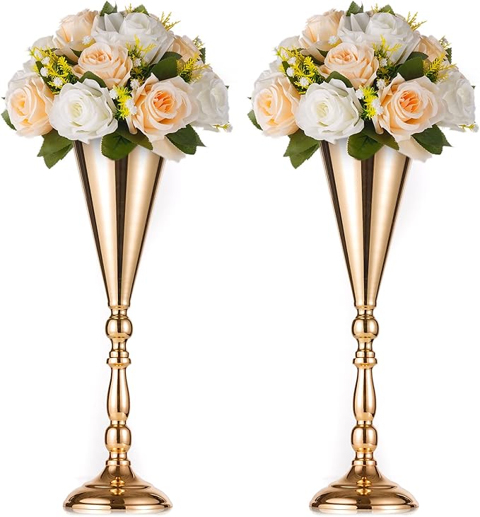 2 Pcs Tabletop Metal Wedding Flower Trumpet Vase, 16.5 inch Tall Table Decorative Centerpiece, Artificial Flower Arrangements for Anniversary Ceremony Party Birthday Event Aisle Home Decoration (Gold)