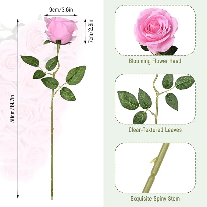 Waipfaru 16 Pcs Valentines Day Flowers, Fake Roses Artificial Flowers with Long Stems, Silk Pink Roses Bouquet for Wedding Vase Mothers Day Flower Arrangement Home Decor (Pink)