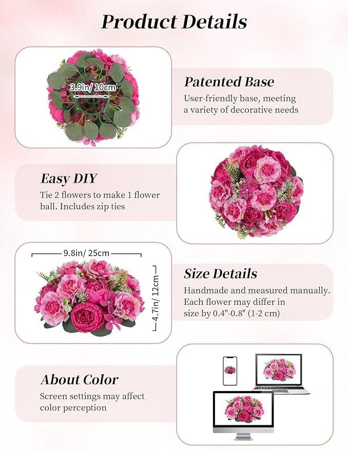 BLOSMON Peony Artificial Flowers Ball: 2pc 9.5 Inch Hot Pink Floral Arrangement for Centerpieces - Easy to Use Wedding Dinning Table Decoration - Fake Silk Peony Kissing Ball Home Party Decor