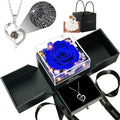Birthday Gifts for Women, Preserved Real Roses with Heart Necklace I Love You in 100 Languages, Romantic Anniversary Wedding Gifts for Women Her Girlfriend Wife, Forever Roses Necklace Gift Box Blue