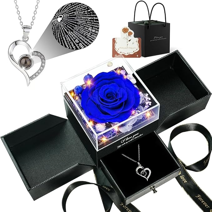 Birthday Gifts for Women, Preserved Real Roses with Heart Necklace I Love You in 100 Languages, Romantic Anniversary Wedding Gifts for Women Her Girlfriend Wife, Forever Roses Necklace Gift Box Blue