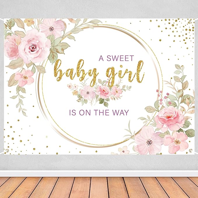 Sweet Baby Girl is On The Way Backdrop - 7x5ft Pink Floral Baby Shower Banner for Girl, Watercolor Gold Glitter Party Decorations, Gender Reveal Newborn Welcome Photo Booth Background