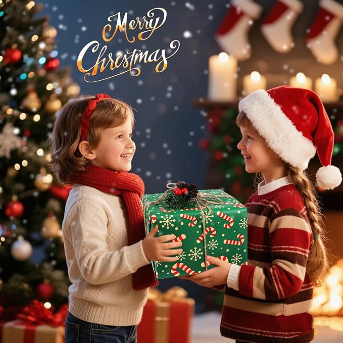 Panigkids Christmas Wrapping Paper Set with Jute Twine, Red, Green & Natural Kraft Rolls with Candy Canes, Reindeer & Merry Christmas Print (17 inch x 17 ft) 4 Rolls