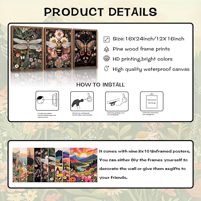 Retro Insect Bee Butterfly Dragonfly Wall Art Set Of 3 24x16In Wood Framed, with 9 Bonus Posters 8"x10", Nature plant Canvas Decoration Paintings Artwork for Office Bedroom Living Room Home Decor