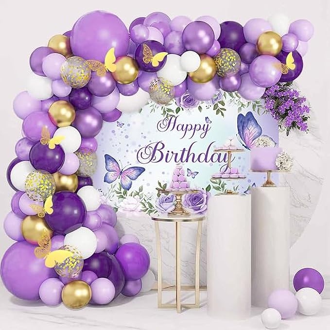 8x6Ft Purple Butterfly Birthday Banner Backdrop for Women Girl Purple Happy Birthday Backdrop Banner (96x72 Inch) Rose Flowers Butterfly Decortions Background for GILR 's Party