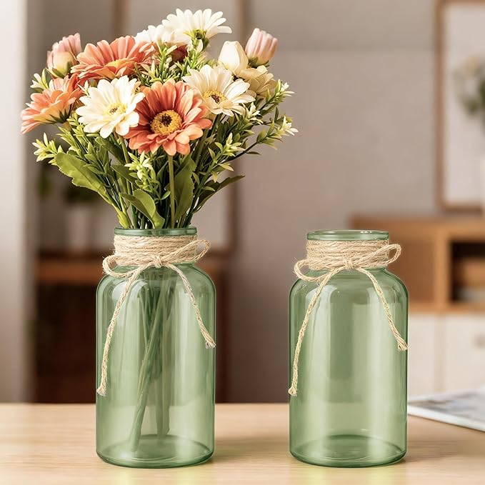 Vintage Glass Flower Vase，3Pack Farmhouse Green Glass Centerpiece Vases Mason Jars for Weddings, Parties & Home Decor Bulk (3, Green)