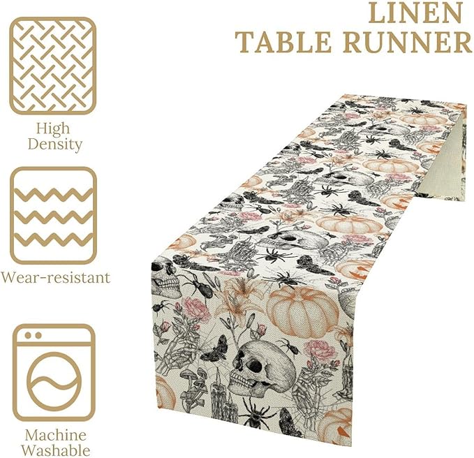 Gothic Table Runner,Black White Skull Moth Pumpkin Halloween Table Runner for Home Kitchen Table Dining Garden Farmhouse Wedding Party Decor 13x108 Inch