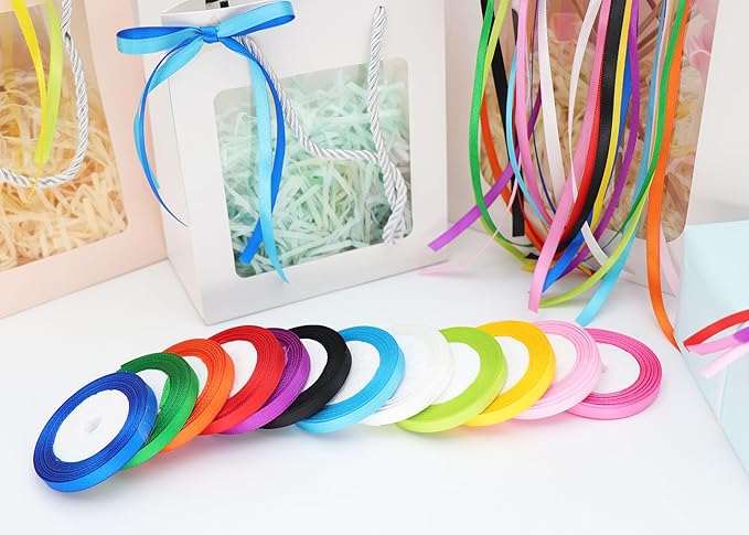 Multicolor Satin Ribbons for Crafting Rainbow Colorful Ribbon for Gift Wrapping Birthday Party Decorations, Double Face Thin Ribbon Hair Ribbons 12 Colours 1/4" X 10Yards Each Total 120 Yds