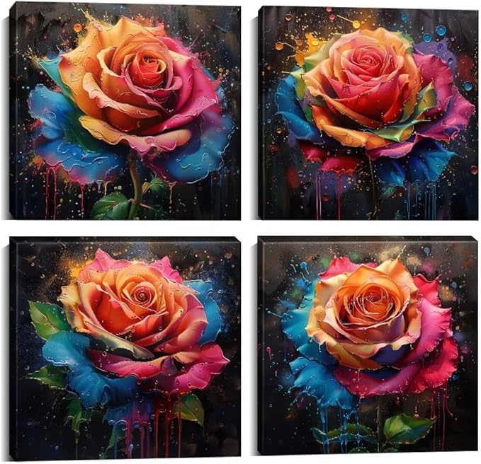 Pankila Colorful Rose Wall Art Floral Pictures Canvas Prints Abstract Rose Flower Wall Decor for Living Room Bedroom Bathroom Home Decorations Framed Artwork Ready to Hang (20''W x 20''H x 4)