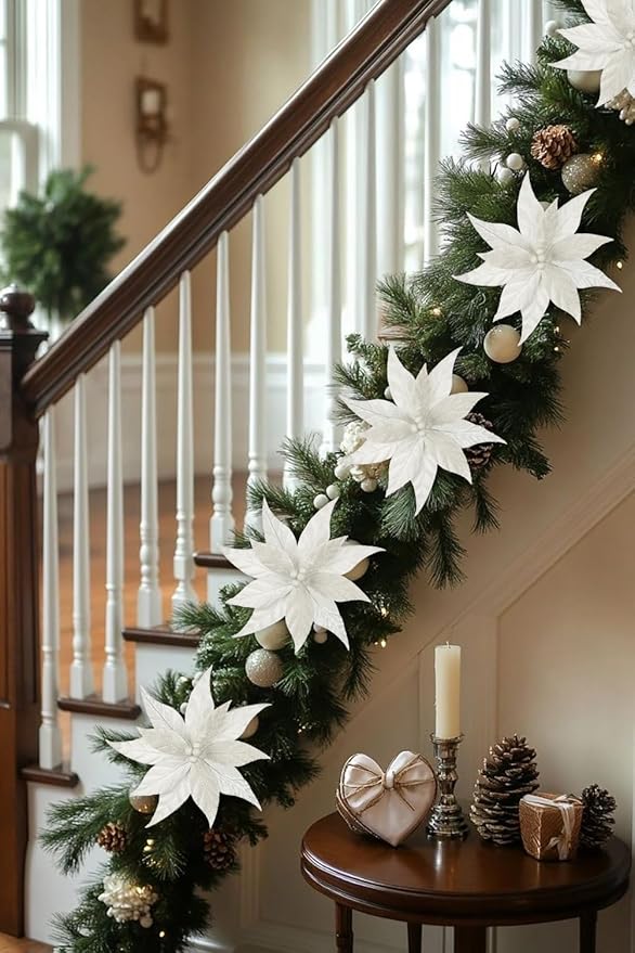Hollyone 3PCS Poinsettia Christmas Flowers Artificial 11" Large Velvet White Glitter Poinsettia Flowers Christmas Tree Ornaments Floral Picks for Tree Wreath Garland Vase Table Centerpiece Home Decor