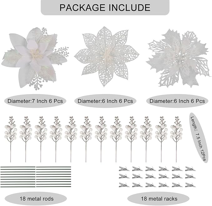 RECUTMS 66 Pcs 3 Styles White Christmas Ornaments Christmas Glitter Poinsettia Flowers Artificial Christmas Tree Flower Decorations Wedding Wreath Floral Decorations(White)