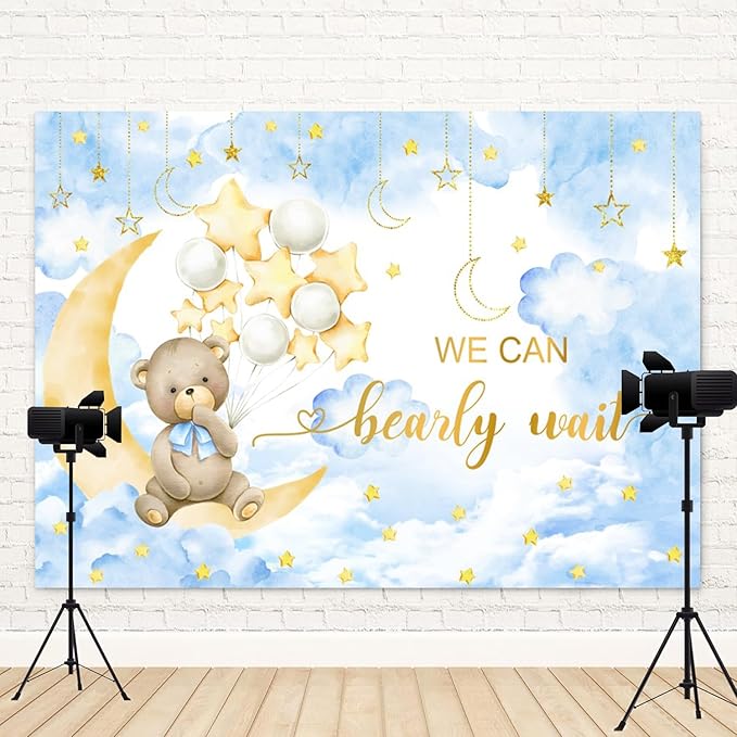 15x8ft Baby Shower Backdrop We Can Bearly Wait Photography Background Bear White Balloons Blue Clouds Moon Stars Cartoon Banner Decorations Birthday Party Newborn Portrait Photo Booth Prop