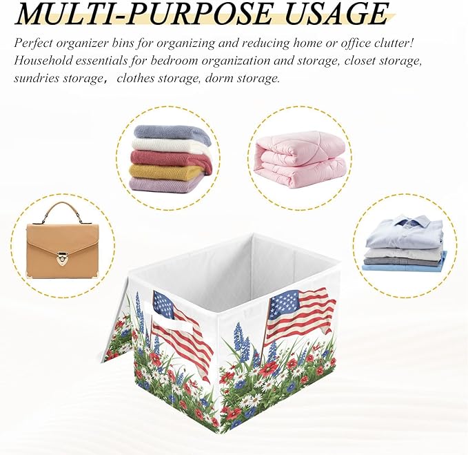 July Fourth Baskets Collapsible Storage Bins with Lids, Wildflowers American Flag Storage Boxes Clothes Baskets for Organizing