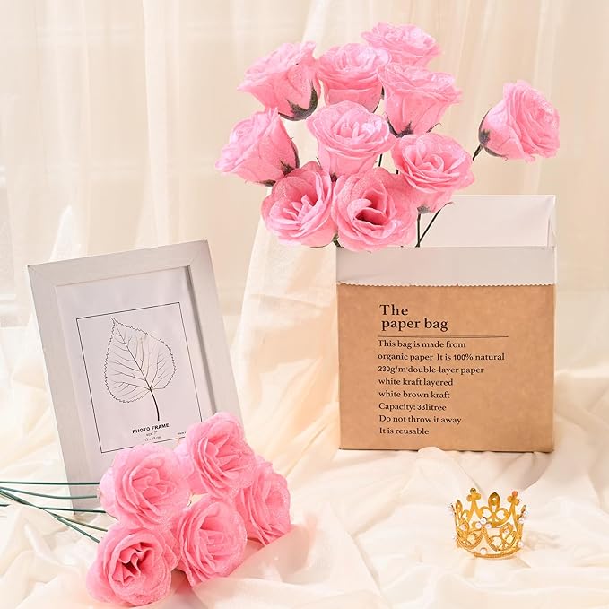 Waipfaru Glitter Roses Bouquet, DIY Fake Flowers Bouquet, Birthday Gifts for Women Mom, 24 Pcs Pink Rose for Grandma Wife Girlfriend Valentines, Mothers Day, Anniversary, Graduation