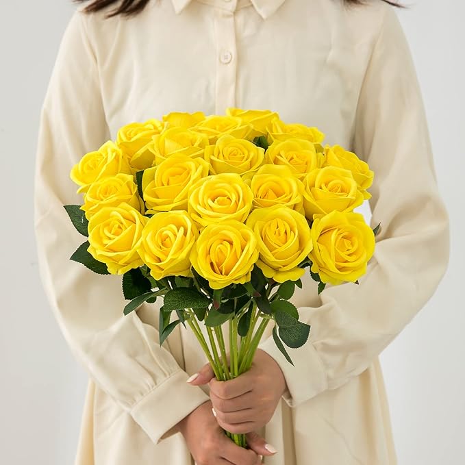 Hawesome 12PCS Artificial Roses Silk Flowers Fake Roses Bouquet Long Stem for Home Wedding Decoration Party (Yellow)