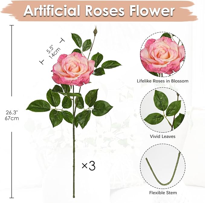 Hollyone 3Pcs Light Pink Roses Artificial Flowers Bouquets 26.3" Fake Flower Arrangements Silk Flowers Rose with Long Stem Floral Branch Faux Roses Flowers for DIY Table Centerpieces Home Decor