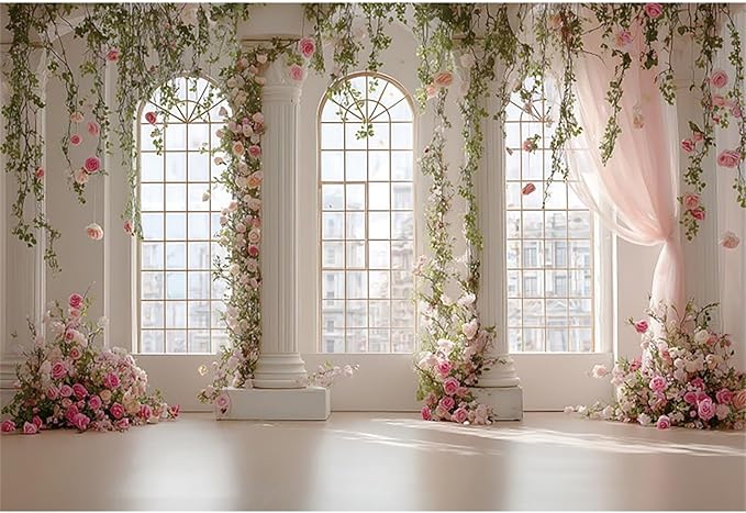 Baocicco Pink Palace Backdrops 8x6.5ft White and Pink Windowsills Botanical Background Princess Birthday Party Banner Supplies Wedding Ceremony Anniversary Engagement Banner Photo Booth Studio Prop